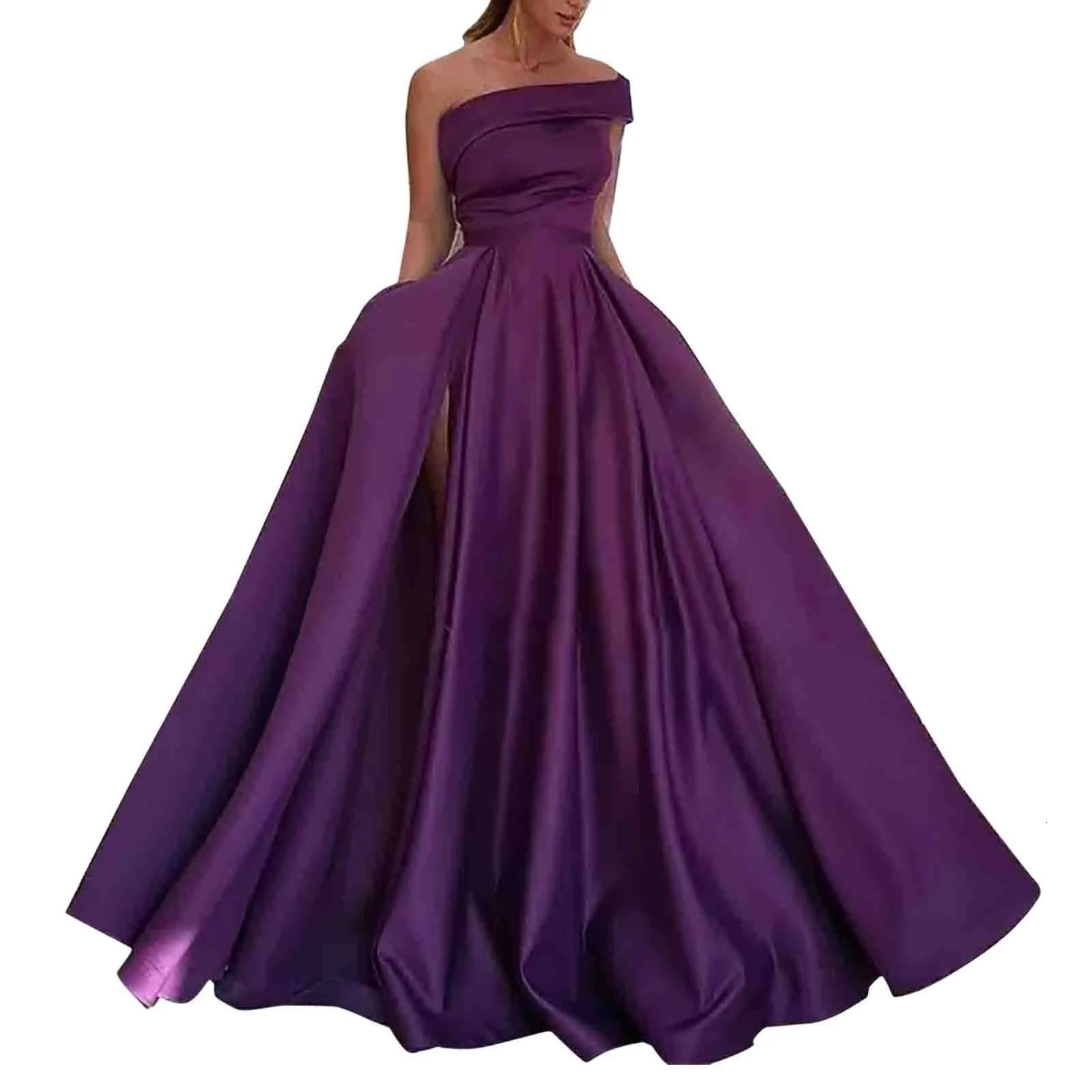One Shoulder Satin Formal Dress Temperament Solid Tuck Waist Maxi Evening Lady Elegant High Slit vestidos para mujer 250103
