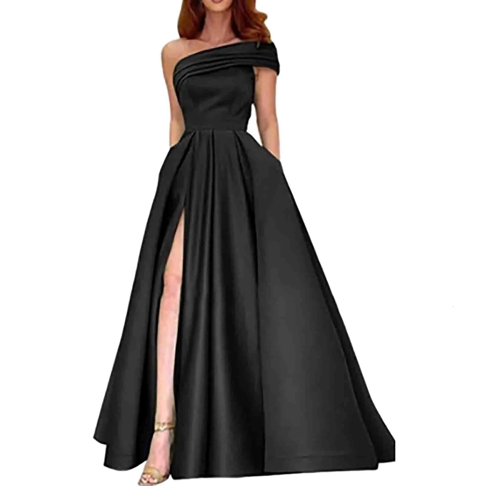 One Shoulder Satin Formal Dress Temperament Solid Tuck Waist Maxi Evening Lady Elegant High Slit vestidos para mujer 250103