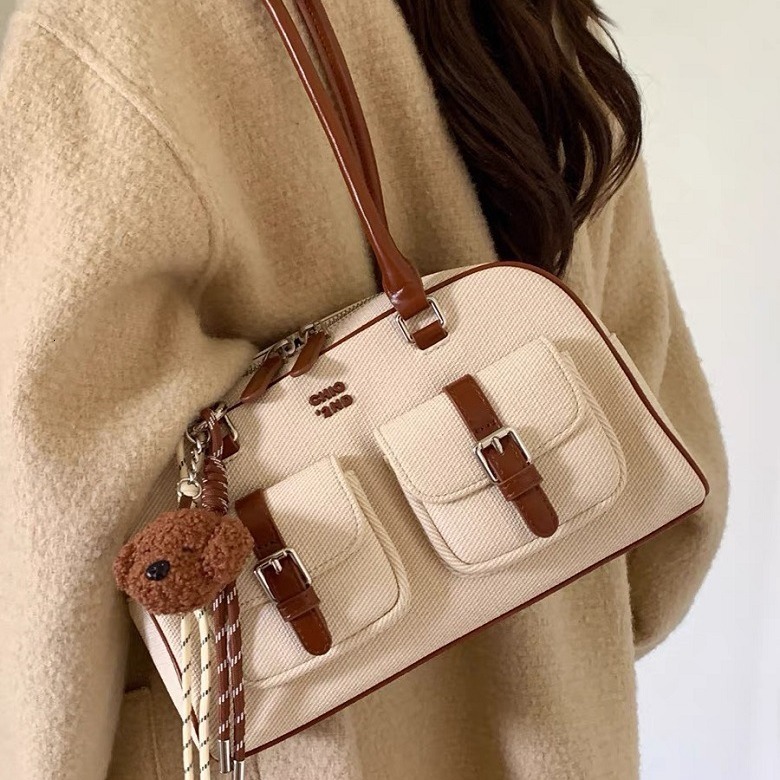 Brand Designer PU Leather And Canvas Patchwork Women's Shoulder High Quality Contrast Color Crossbody Bag Bucket Handbag