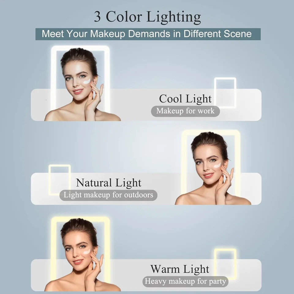 LED Foldable Travel Makeup Mirror 3 Colors Light Modes USB Rechargeable Touch Screen Portable Tabletop Cosmetic Mirror White 250103