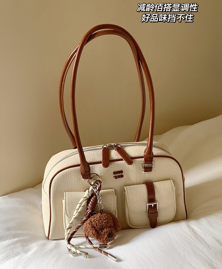 Brand Designer PU Leather And Canvas Patchwork Women's Shoulder High Quality Contrast Color Crossbody Bag Bucket Handbag