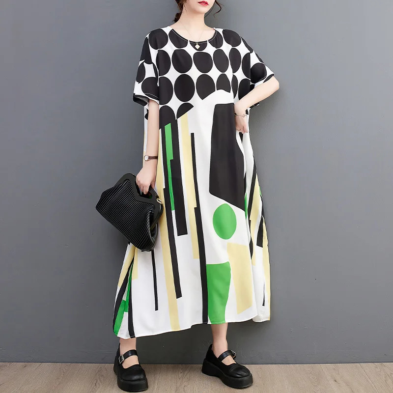 Wxw0122 Printed A-line Dress Womens O-neck Long T-shirt Dress Short Sleeve Casual Retro Midi Dress Womens Retro Womens Dress 250103