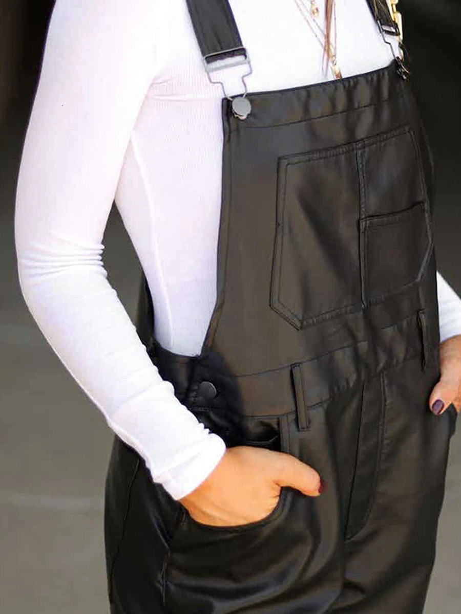 Women Leather Bib Overalls Solid Color Loose Casual Sleeveless Cargo Straight Leg Jumpsuit Romper With Pockets Fashion S-XL 241230