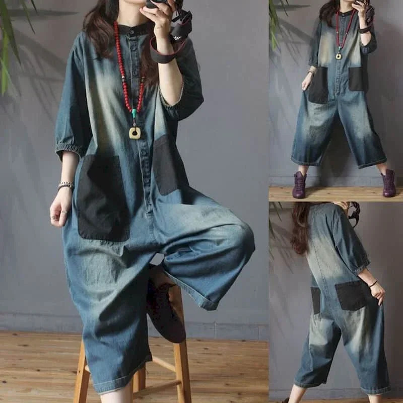 Denim Wide Leg Jumpsuit Women Vintage Large Size Oversize Patch Pocket Jumpsuit Trend LOOSE One Piece Outfit Women Patchwork 241230