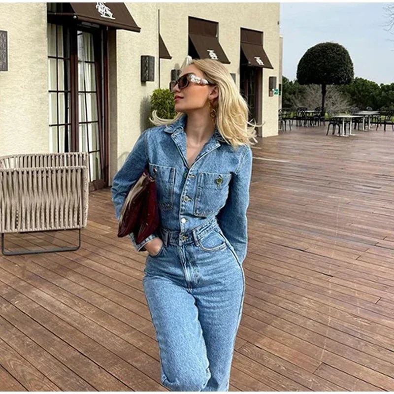 Spring Denim Women Jumpsuit Straight Vintage Patch Pockets Long Sleeve Long Jumpsuits Female Elegant Fashion Chic Outfits 241230