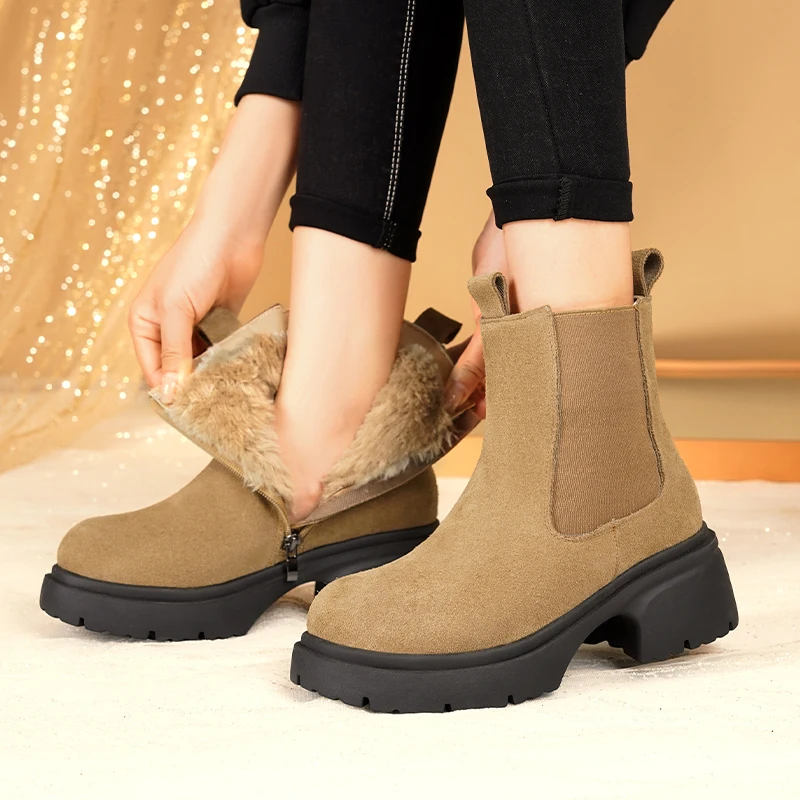 AIYUQI Women's Chelsea Boots Genuine Leather Natural Wool Snow Boots Women's High Heel Women's Ankle Boots