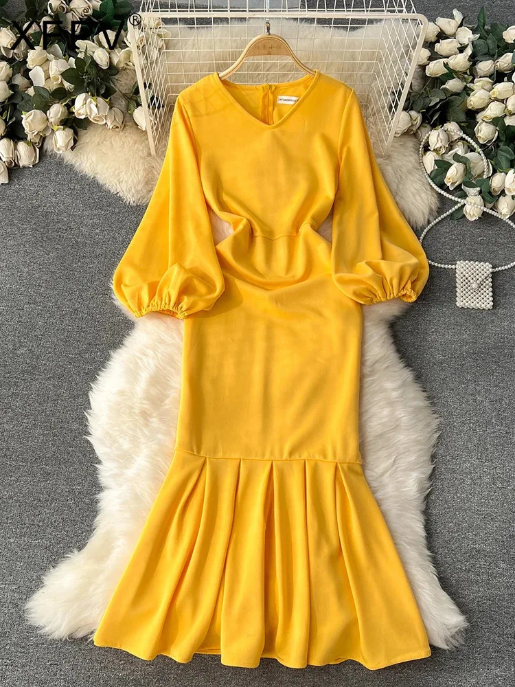 XFPV Women V-neck Solid Color Dress Puff Long Sleeve High Waist Casual Fashion Elegant Vestidos Autumn Winter 2025 SM9462 250103