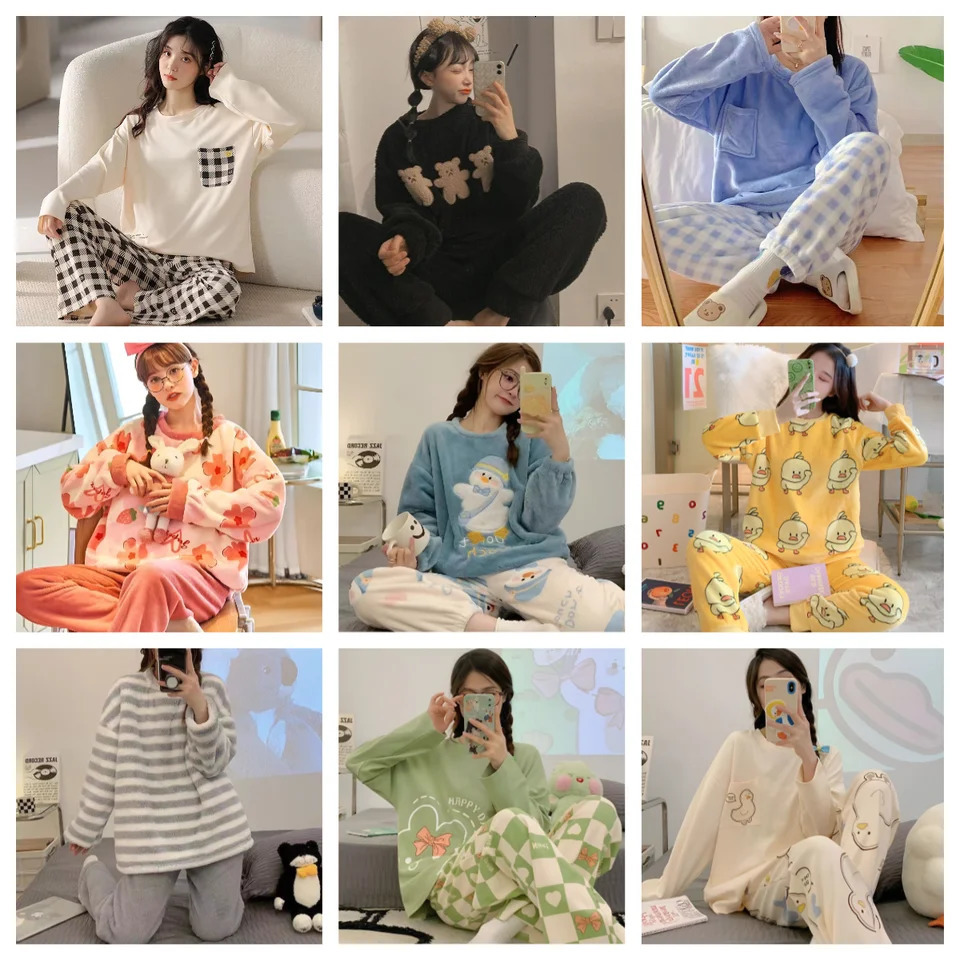 Flannel Womens Pajamas Warm Thicken Casual Solid Top Plaid Winter Sleepwear Cute Soft Pullover Trousers Set 250103