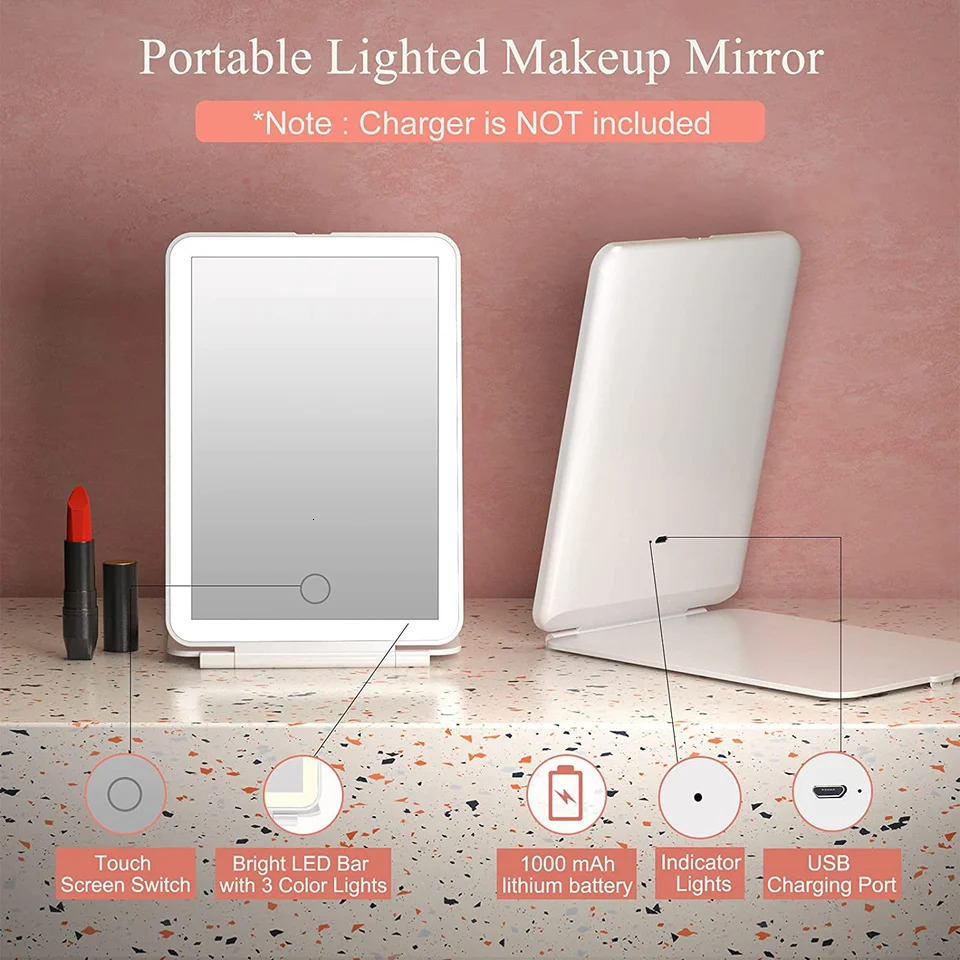 LED Foldable Travel Makeup Mirror 3 Colors Light Modes USB Rechargeable Touch Screen Portable Tabletop Cosmetic Mirror White 250103