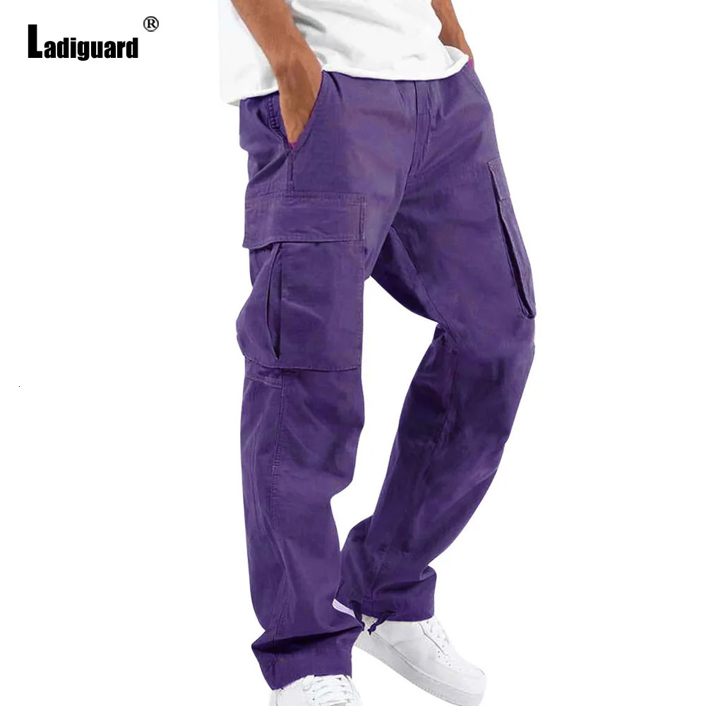 Plus Size 5xl Mens Multi-Pockets Trouser Spring Fashion Cargo Pants Solid Purple Khaki Outdoor Casual Sweatpants Hommes 250102