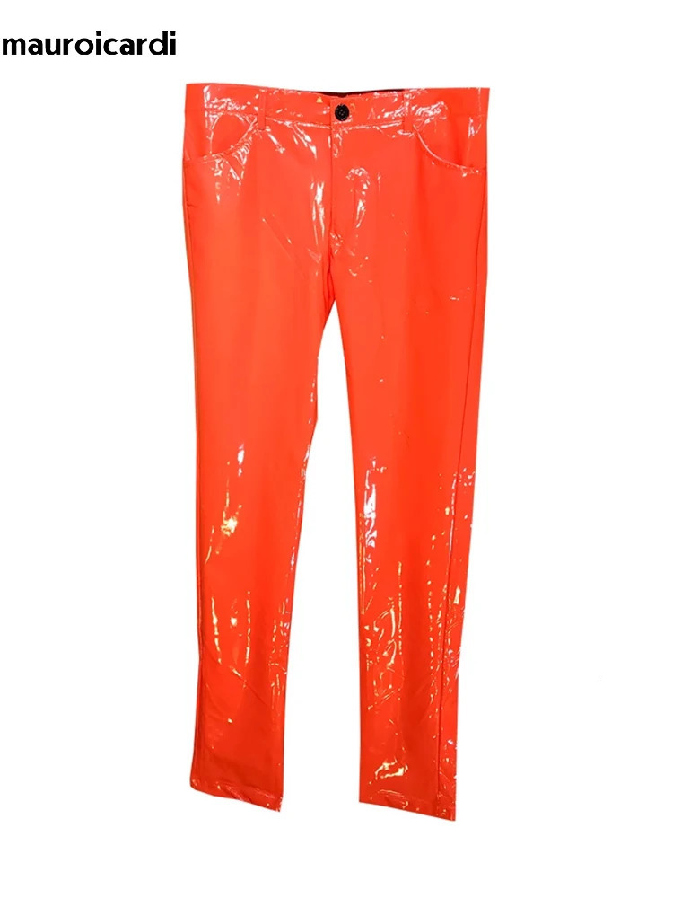 Mauroicardi Spring Skinny Sexy Shiny Reflective Stretchy Thin Orange Yellow Blue Patent Pu Leather Pants Men Y2K Streetwear 250103