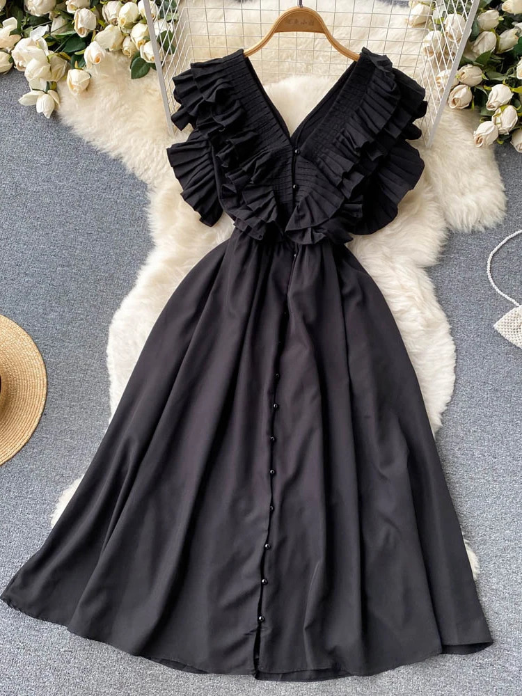 XFPV Women Vintage Pleat Ruffles Mid Length High Waist Dresses V-Neck Sleeveless Temperament Vestidos Spring Summer 2025 SM10095 250103
