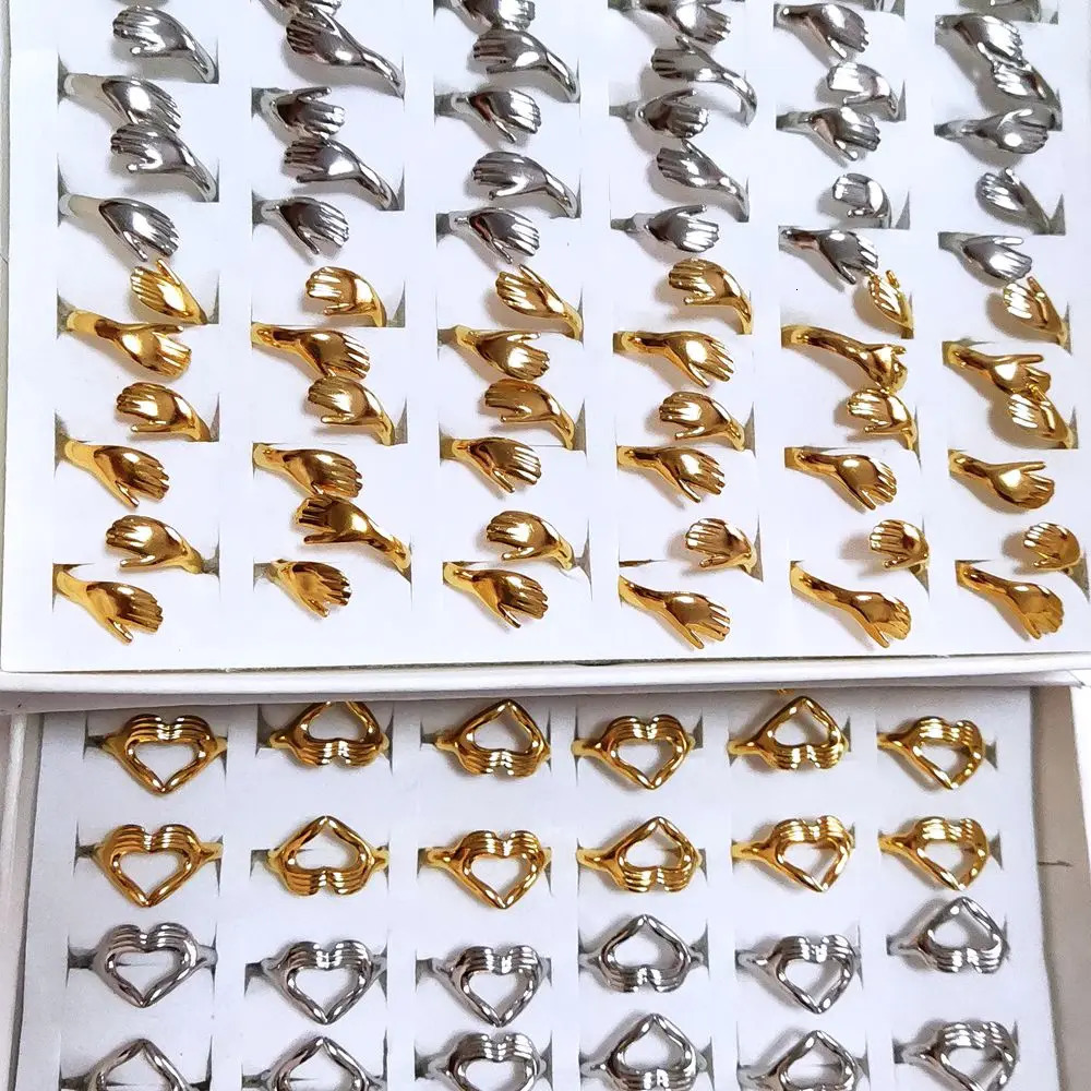 30pcs Style Mix Vintage Stainless Steel Love Hugging Hand Couples Ring Opening Adjustable Romantic Heart Hand Hug Rings 250103