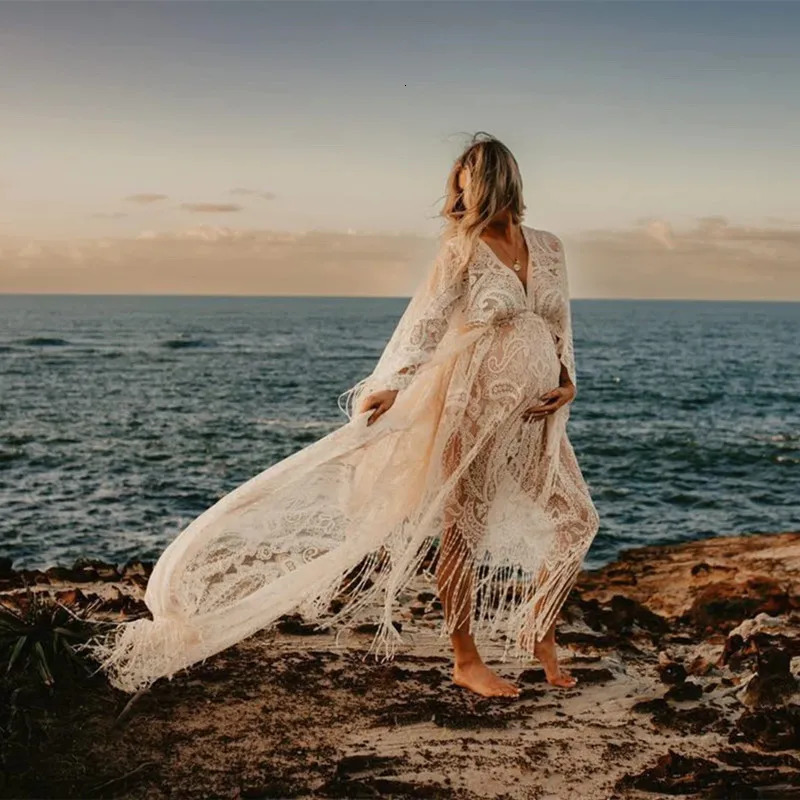 Boho Lace Maternity Pography Props Dresses Free Size Adjustable Pregnancy Po Shoot Bohemian Long Dress Sides Slit 250103