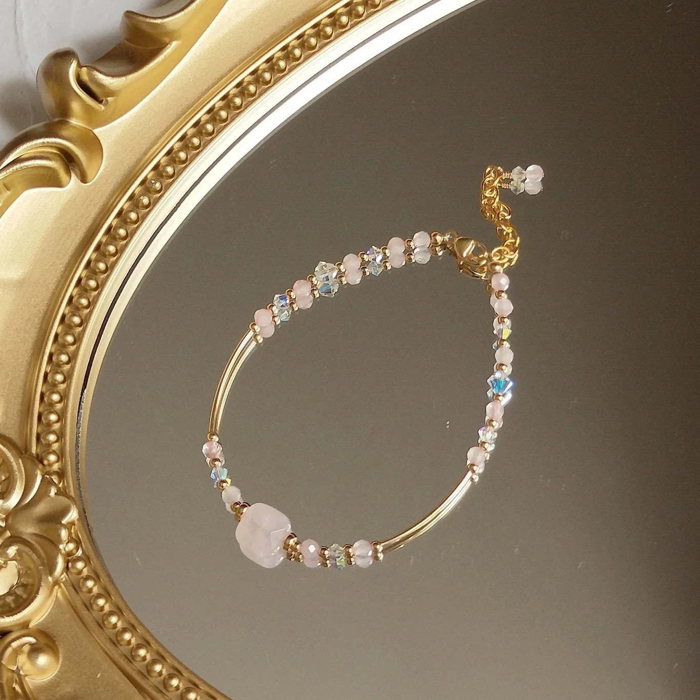 Lili Ji Rose Quartz Natural Stone 2-6mm US 14K Gold Plated Charm Bracelet Handmade Jewelry 250102