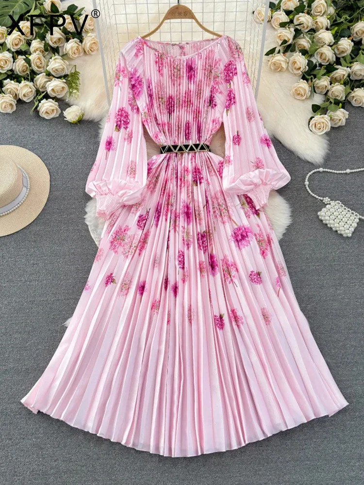 XFPV Women Temperament Printing Pleated High Waist A-line Dresses O-Neck Lantern Sleeve Vestidos Spring Summer 2025 SM10479 250103