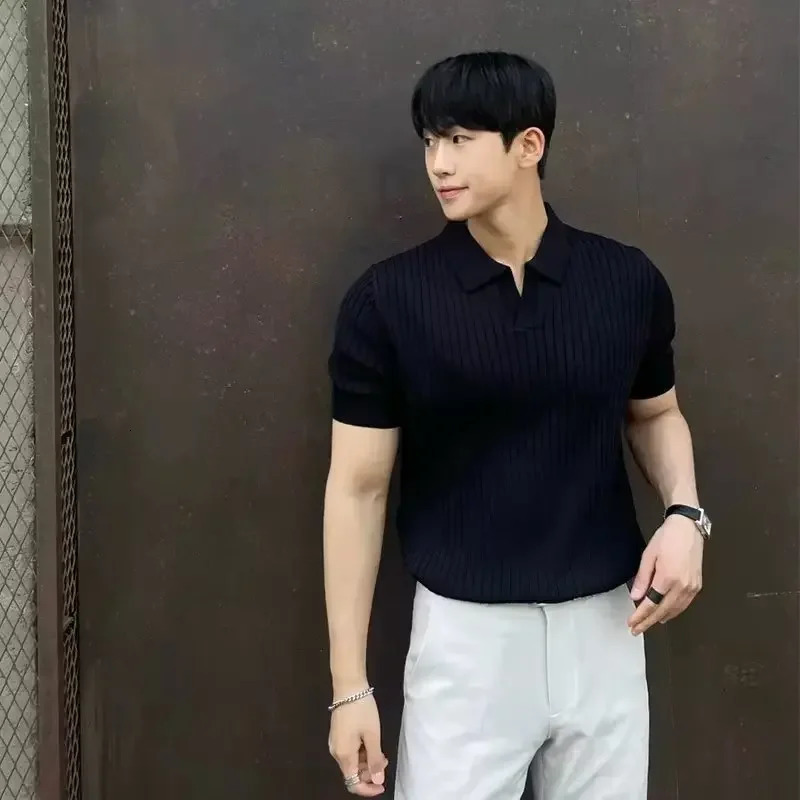 2024 Summer Mens Ice Silk Lapel Polo Short Sleeve Thin Fashionable V-neck Striped Knit Base Layer Top Mens Shirt 241224