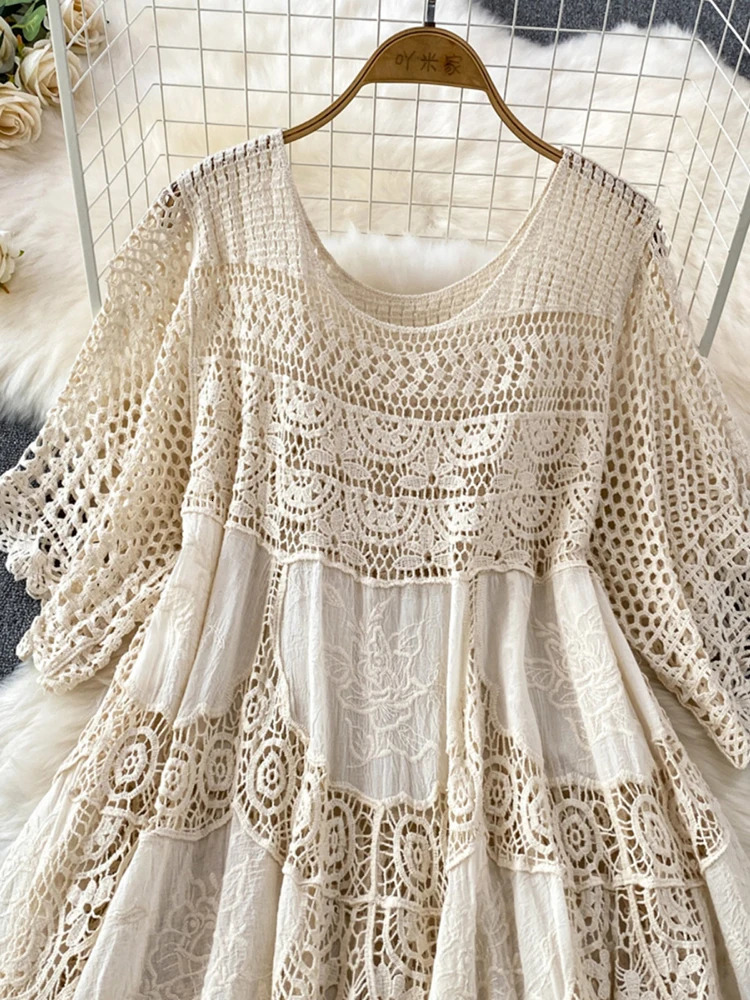 XFPV Womens Hollow Knitted Short Sleeve Elegant Medium length Dress Vestidos Y2k Korean Fashion Spring/Summer 2025 SM11611 250103