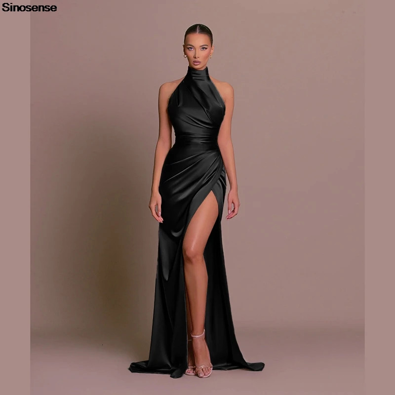Women Elegant Long Evening Cocktail Party Dress Sexy Halter Backless Ruched High Split Bodycon Wedding Guest Bridesmaid 250103