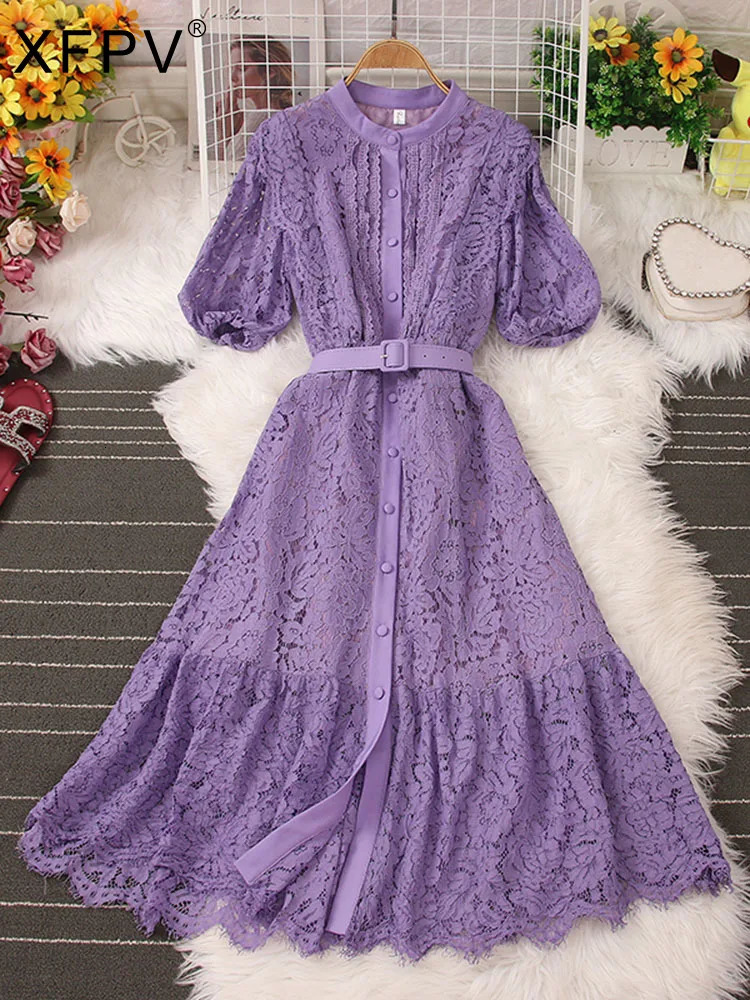 XFPV Sweet Style Y2K Long Dresse For Women Hook Flower Hollow Single-breasted High Waist Dresses Spring Summer 2025 SM5538 250103