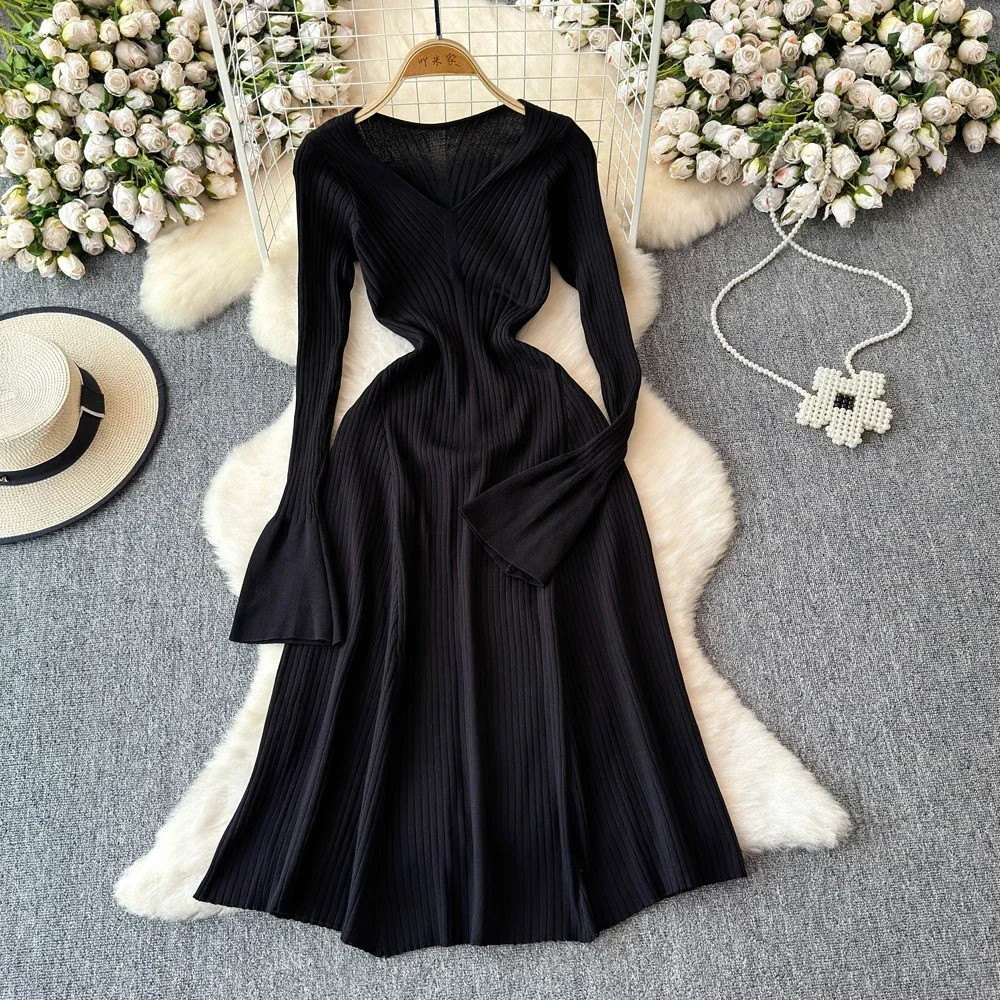 Elegant Knitted Long Dress Women Flare Sleelve V Neck Ruffles Solid Bodycon Dresses Party Fashion Office Lady Vestidos 250103