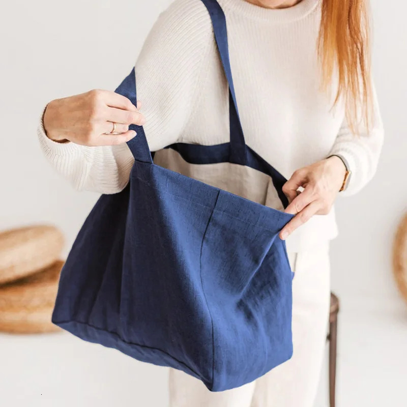 Casual Linen Shopping Bags For Women Reusable Sundries Bags Foldable Female Travel Beach Shoulder Bags Large Handbags 250102