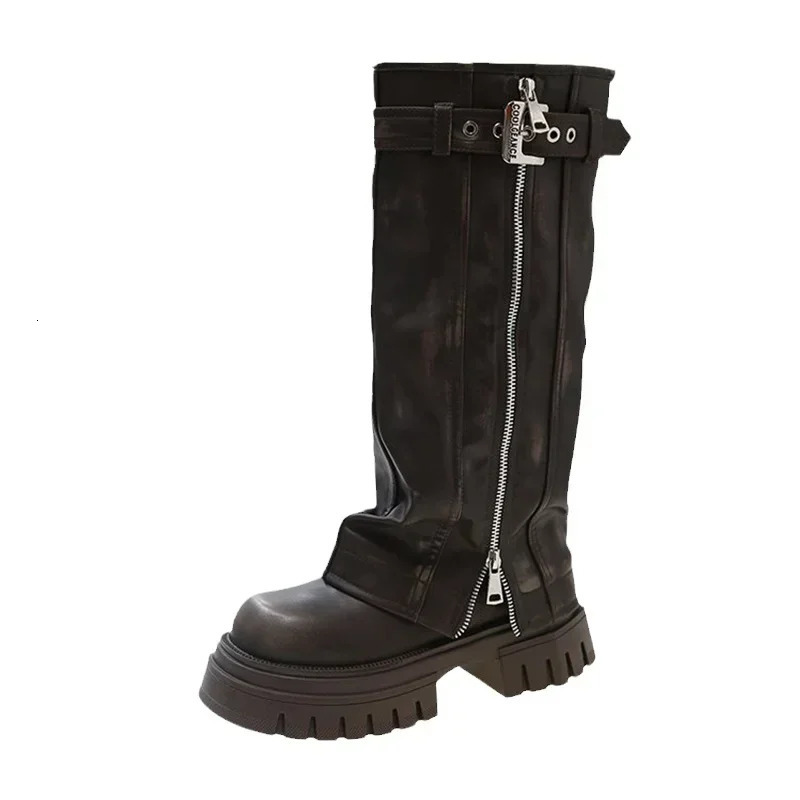 Winter Women Biker Boots Fashion Belt Buckle Ladies Elegant Platform Long Pipe Booties Casual Womens Knee High Booties 250103