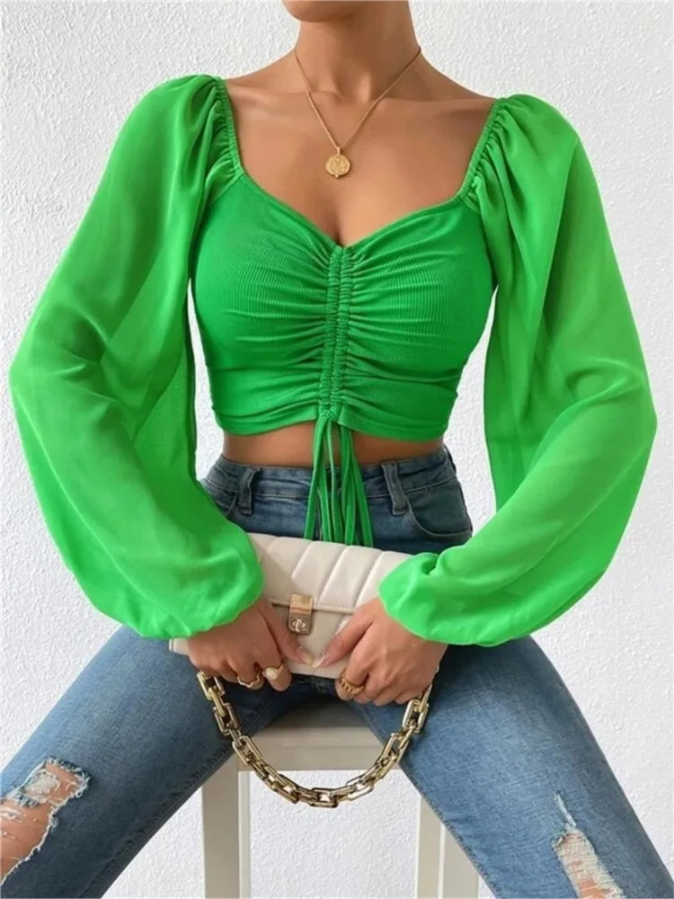 Sexy V-neck floral lantern sleeves ultra-thin short style womens summer fashion solid color office long sleeved shirt womens 241231