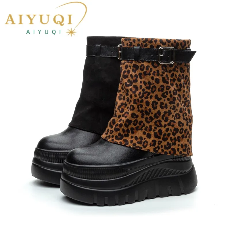 AIYUQI Booties Women Autumn Platform Pants Tube Ankle Boots Women Retro Leopard Print Inner Heightened Boots Women