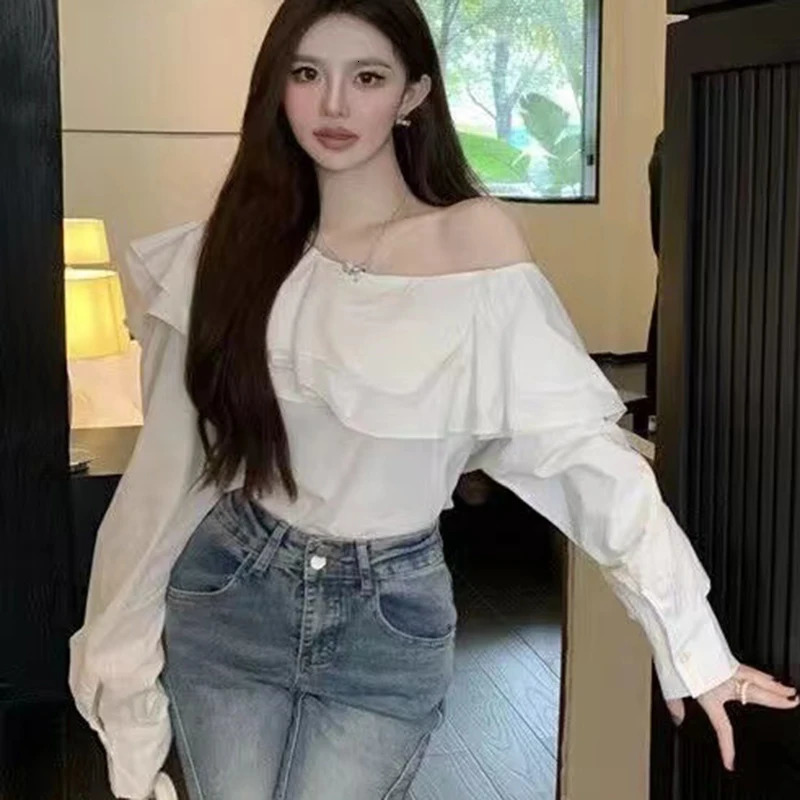 Retro pleated shoulder white shirt for women fashionable long sleeved loose and elegant womens slim fit casual sexy top 8395 241231