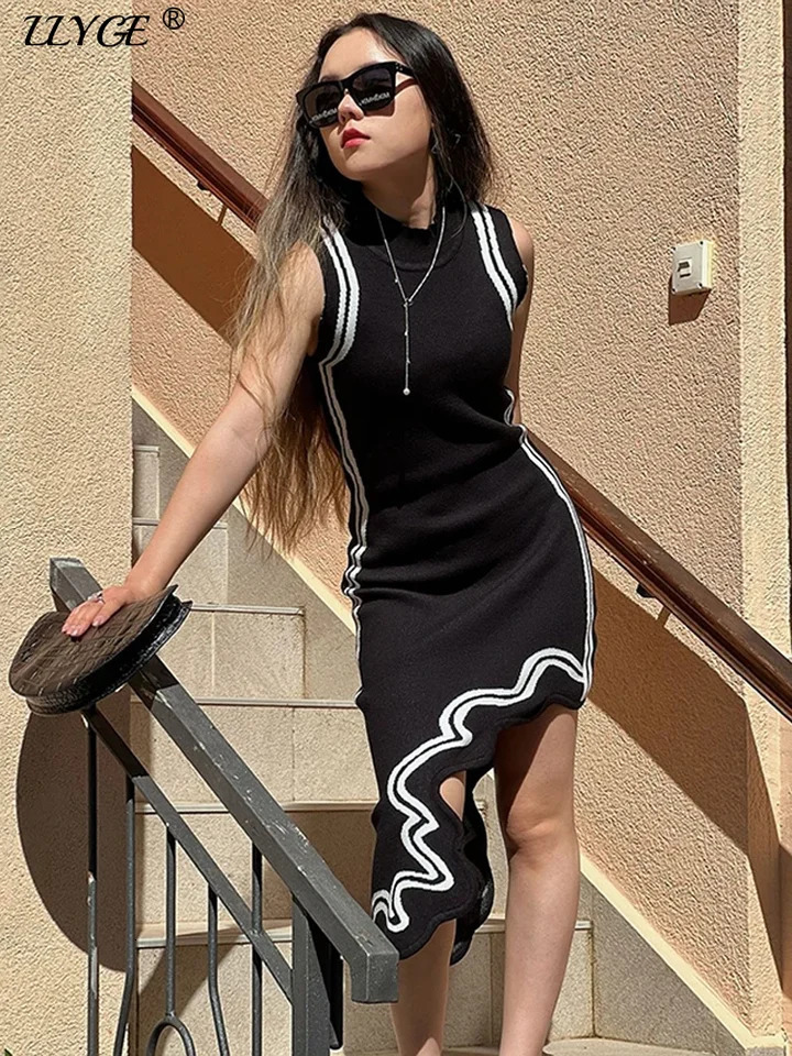 Knitted Asymmetric Wavy Dress Women Contrast Hem Ruffle O-neck Sleeveless Slim High Waist Dresses Female Fashion Lady Streetwear 250102