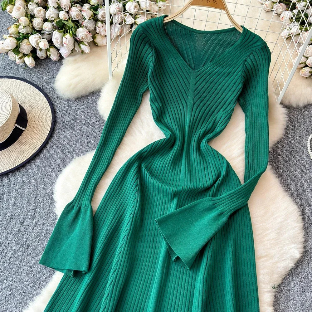 Elegant Knitted Long Dress Women Flare Sleelve V Neck Ruffles Solid Bodycon Dresses Party Fashion Office Lady Vestidos 250103