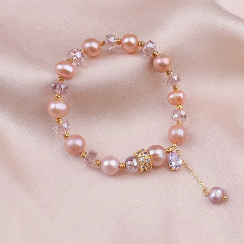 Pink Baroque Natural Freshwater Pearl Bracelet for Women Purple Crystal Bracelet Summer Nice Girls Jewelry Gifts 250102