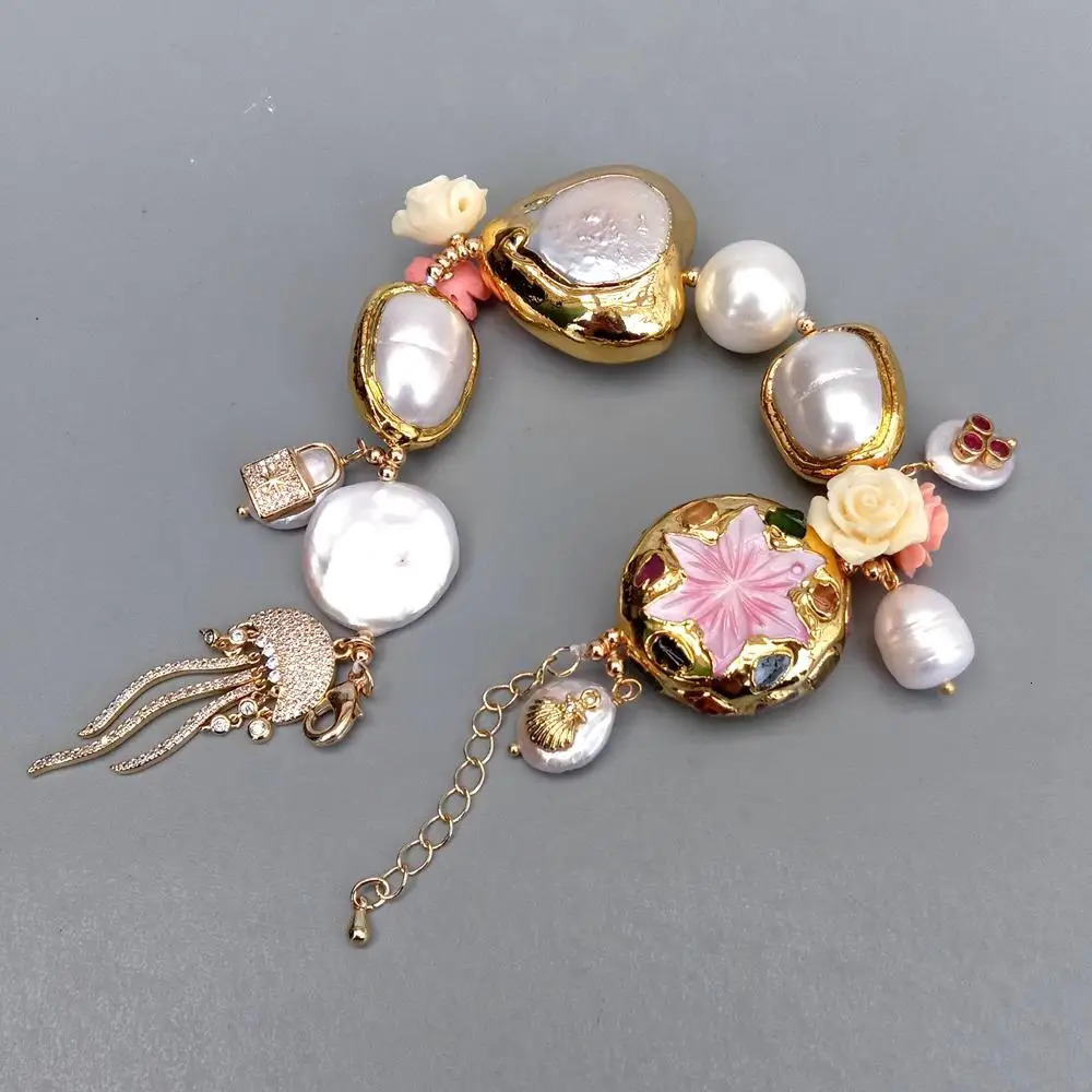 YYGEM Shell Pearl Flower Culture White Pearl Charm Bracelet Handmade Fashion Jewelry 250102