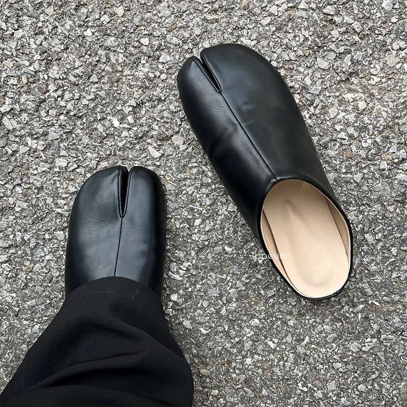 IPPEUM Tabis Mules Split Toe Plus Size 44 Black Leather Slippers Women Designer Flat Shoes