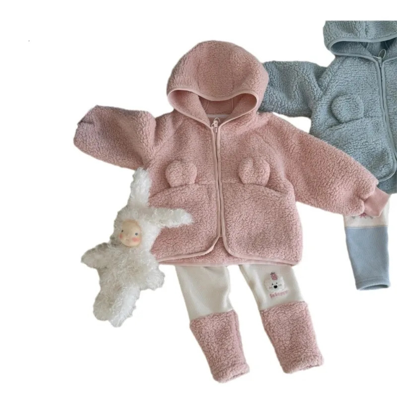 2024 Autumn Winter Korean Kids Girls 2PCS Clothes Set Solid Cartoon Hooded Hairy Warm Coat Patchwork Fleece Leggings Suit 241230