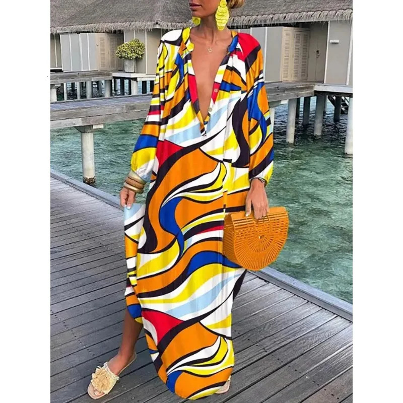 Womens Deep V-neck Dress Summer Retro Elegant Long Sleeve Bohemian Printed Long Dress Womens Sexy Beach Party Loose Long Dress 250103