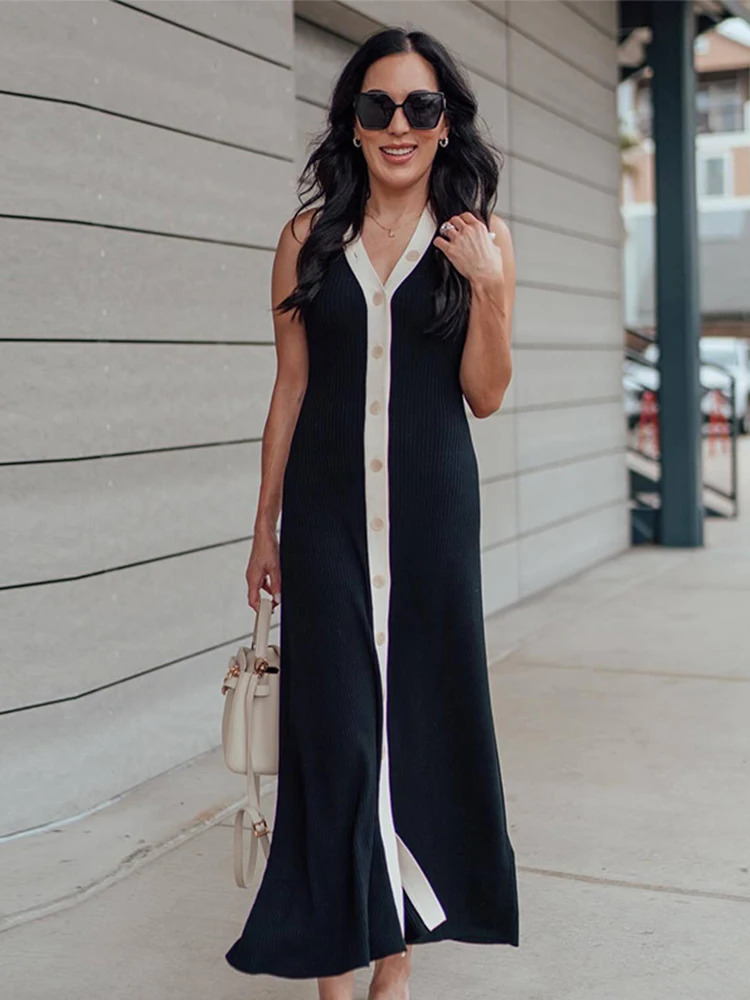 Contrast Knit Long Dress Women Sleeveless V-neck Slim Hip Package Female Dresses 2024 Casual Single Breasted Elegant Lady Robe 250102