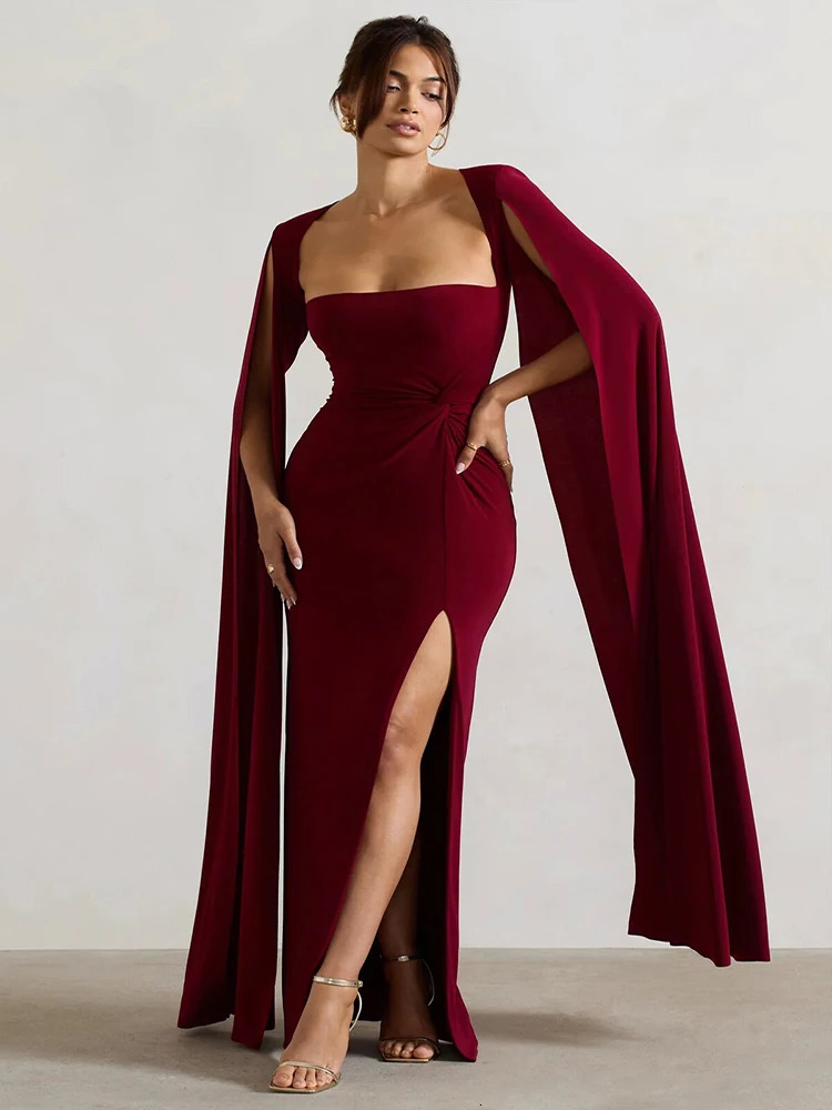 JULISSA MO sexy square neckline high seam womens Maxi dress black long sleeved evening dress autumn ultra-thin elegant party Clubwear 250103