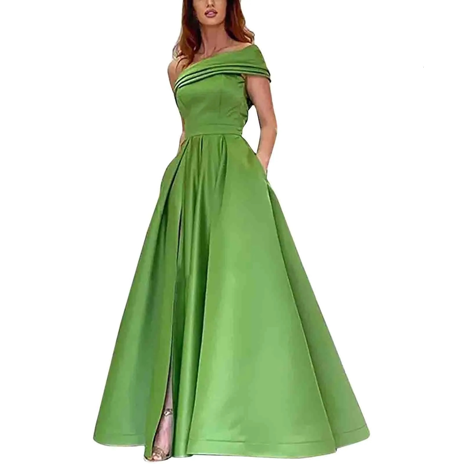 One Shoulder Satin Formal Dress Temperament Solid Tuck Waist Maxi Evening Lady Elegant High Slit vestidos para mujer 250103
