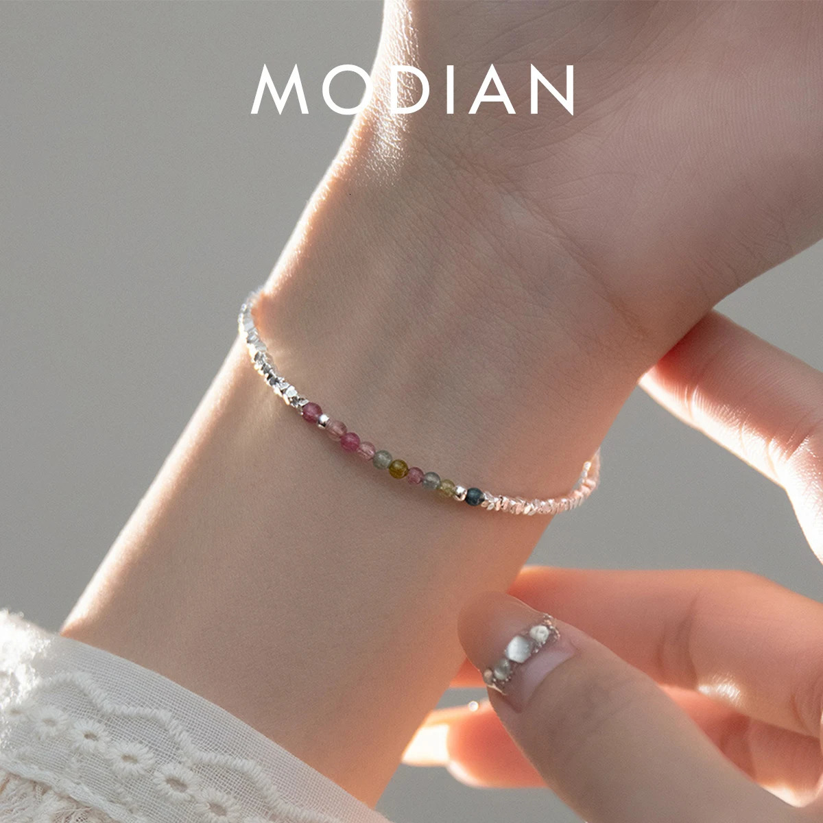 MODIAN 925 Sterling Silver Natural Colorful Beads Tourmaline Charm Bracelet Sweet Stackable Link Chain For Women Girls Jewelry 250102