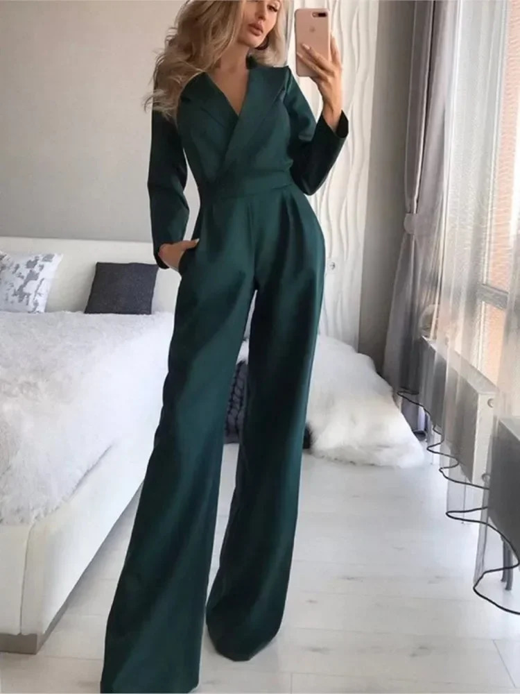 2025 Spring Jumpsuit Women Mid Waist Elegant Commuting Long Sleeve Suit Overalls Wide Leg Pant Casual Solid Waist Jumpsuit 241230