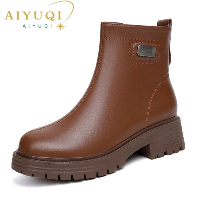 AIYUQI Ankle Boots Women Genuine Leather Natural Wool Snow Boots Women Anti Slip Large Size Women's Motorcycle Boots