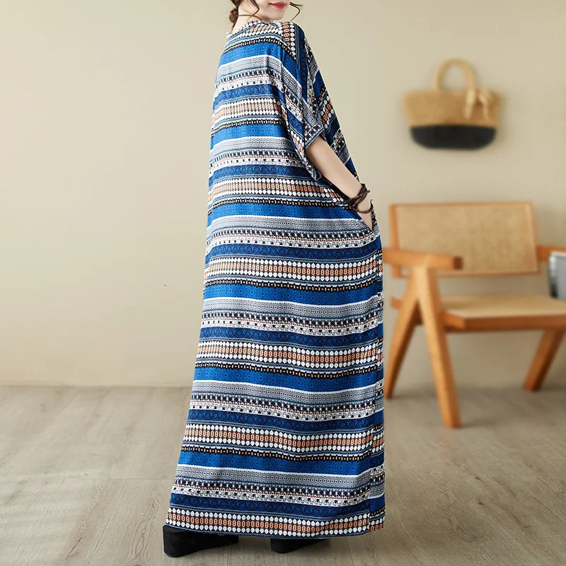 Wxw0212 striped printed long skirt womens short sleeved summer retro floor long skirt pocket loose thin beach vest retro sexy 250103