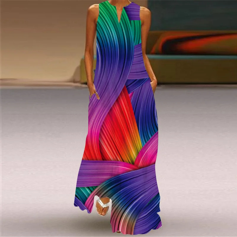 Fashionable V-neck printed sleeveless womens Maxi dress summer casual loose straight beach long dress womens Sundress womens Vestidos 250103