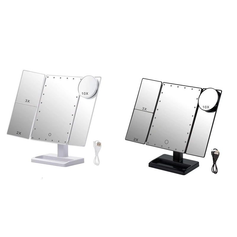 Trifold Makeup Mirror With 22 LED Lights10X/3X/2X Magnification Portable Fold Lighted Table Desk Cosmetic Mirror 250103