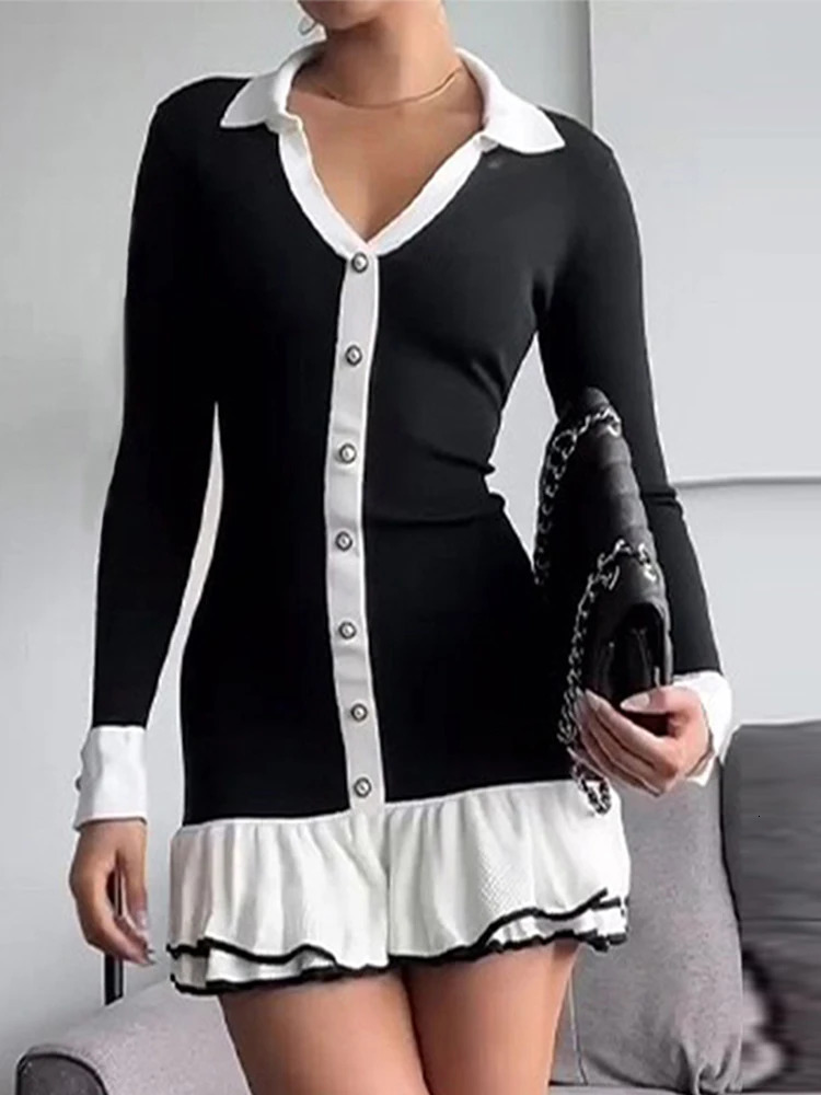 Ruffled Bow Knit Mini Dress Womens Summer Backless Contrast Cardigan Lace-Up Elegant Dress Female Knitwear Bandage Dress 250102
