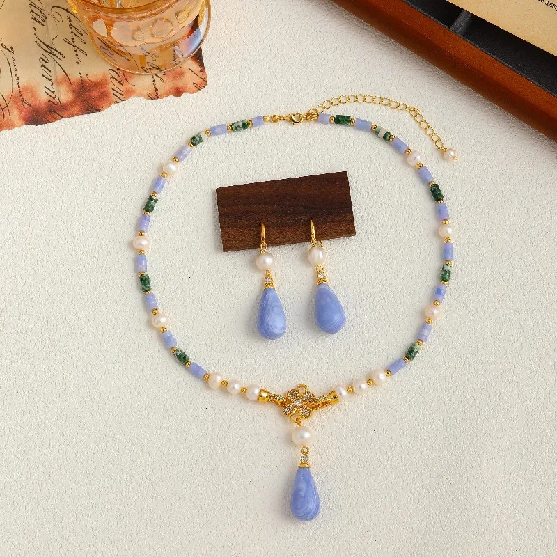 Vintage necklace earrings Jade natural fresh water pearl vintage jewelry necklace set 250102