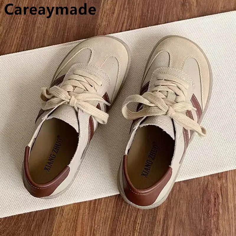 Careaymade-Genuine Leather womens shoessoft sole comfortable casual single shoescowhide ugly cute lace up small white shoes 250103