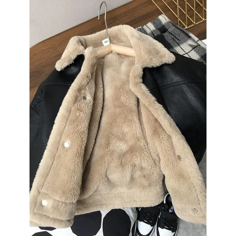 2-11Y Kids Leather Jackets Boys Girls Black Fleece Cardigan Coat Autumn Winter Warm Loose Vintage Clothes Teenagers Outerwear 241226